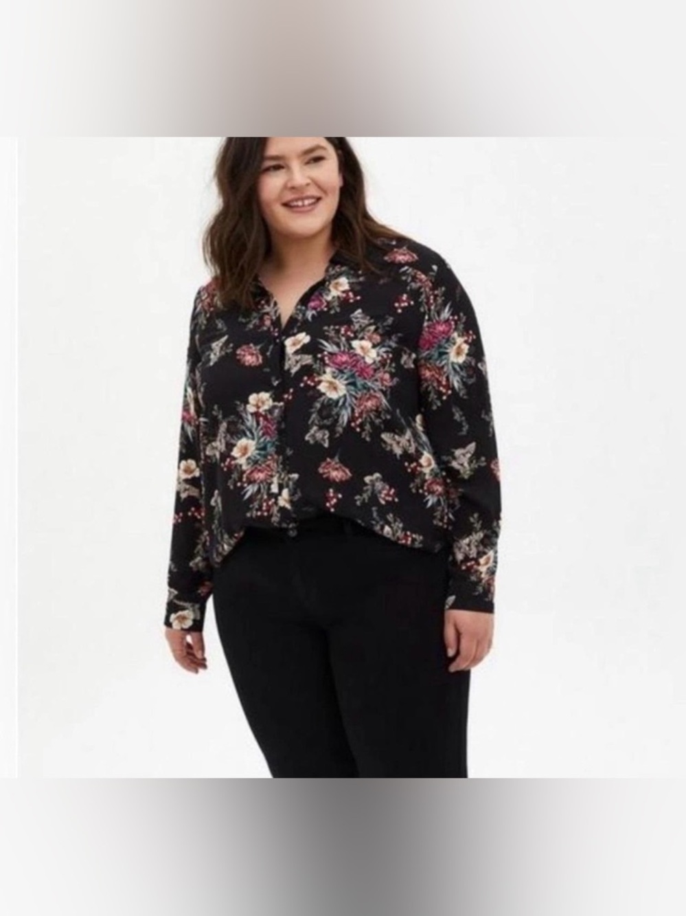 Torrid Black Floral Butterfly Long Sleeve Button Up Shirt Blouse Womens 3X